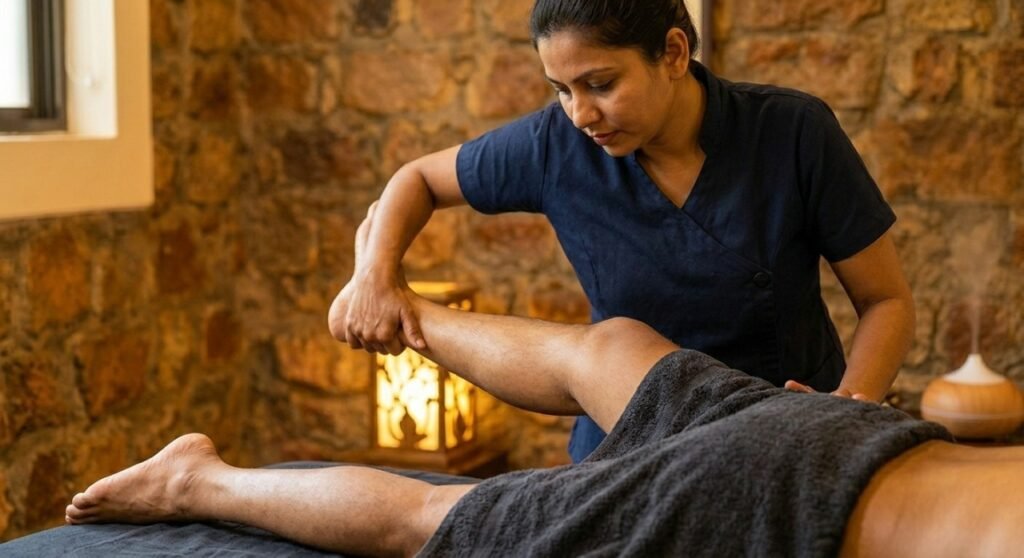 Passive stretching and joint mobilization phase of Russian Massage performed by a trained professional in Goa.