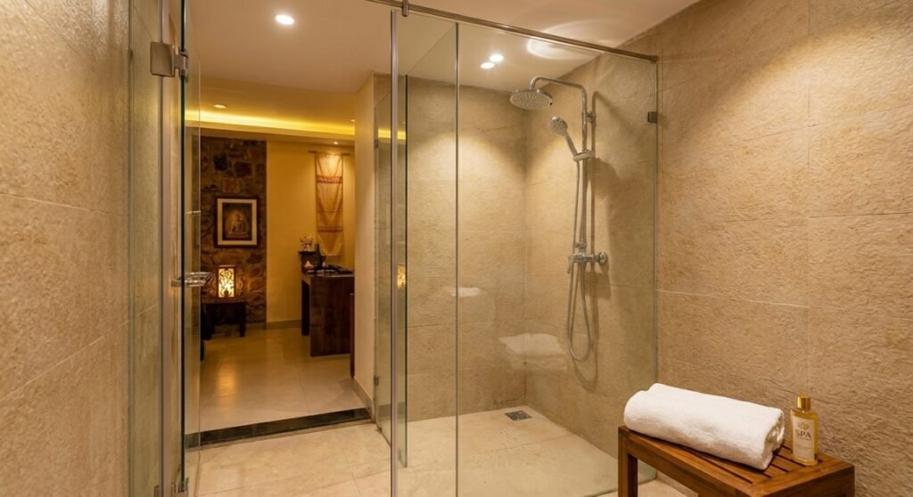 Hygienic and private ensuite shower facility available for guests after a therapeutic massage at Massage Parlour Candolim.
